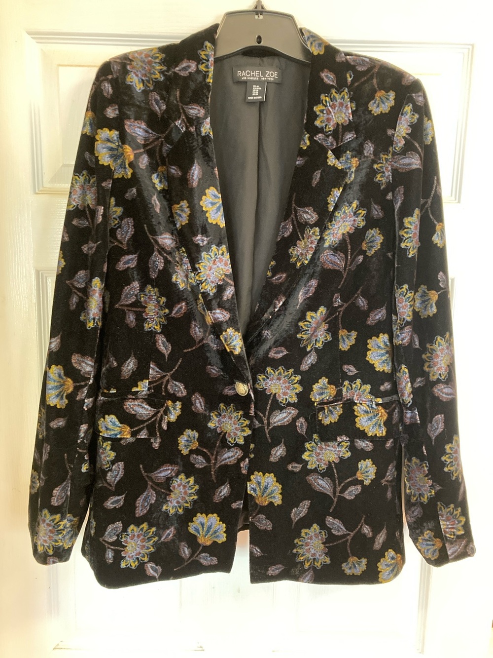 Rachel Zoe Black Floral Velvet Blazer with Blue & Yellow Accents